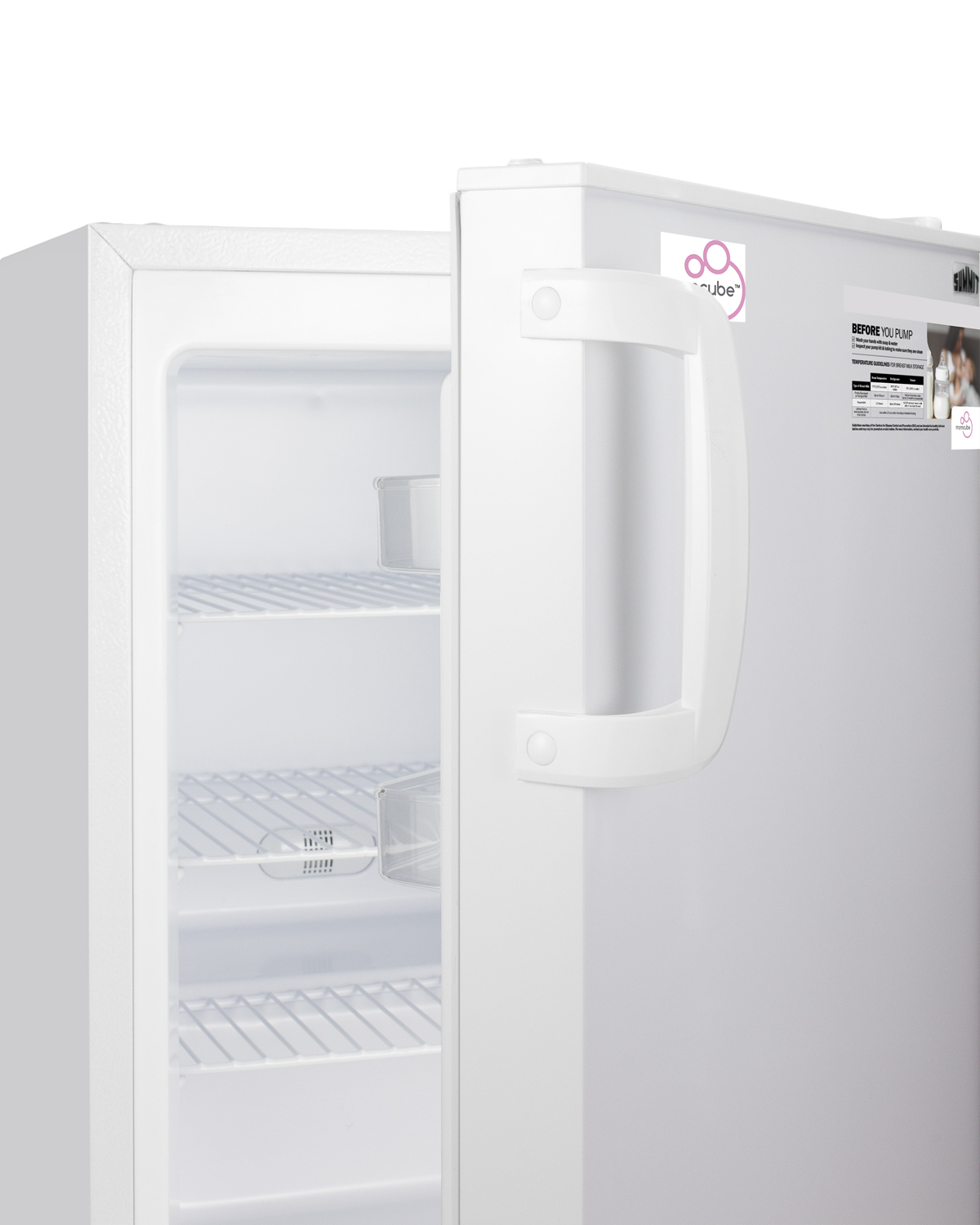 Built-in undercounter MOMCUBE residential all-freezer in white with door storage and manual defrost operation, ADA compliant